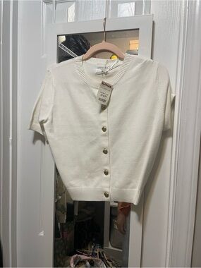 Faux Pearl Button Short-Sleeve Cardigan - White